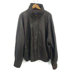 Nautica Brown Leather Bomber Jacket Mens 48 Hood